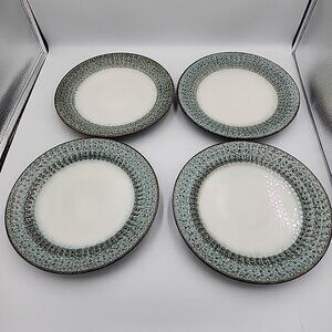 Pier 1 Allison Stoneware Lunch Plates Set Of 4 Cream Blue Gold Rim 9.5"
